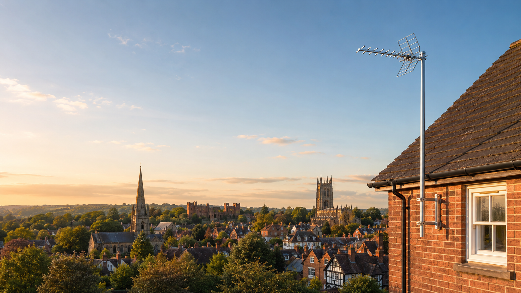 TV aerial overlooking Kenilworth rooftops in Warwickshire